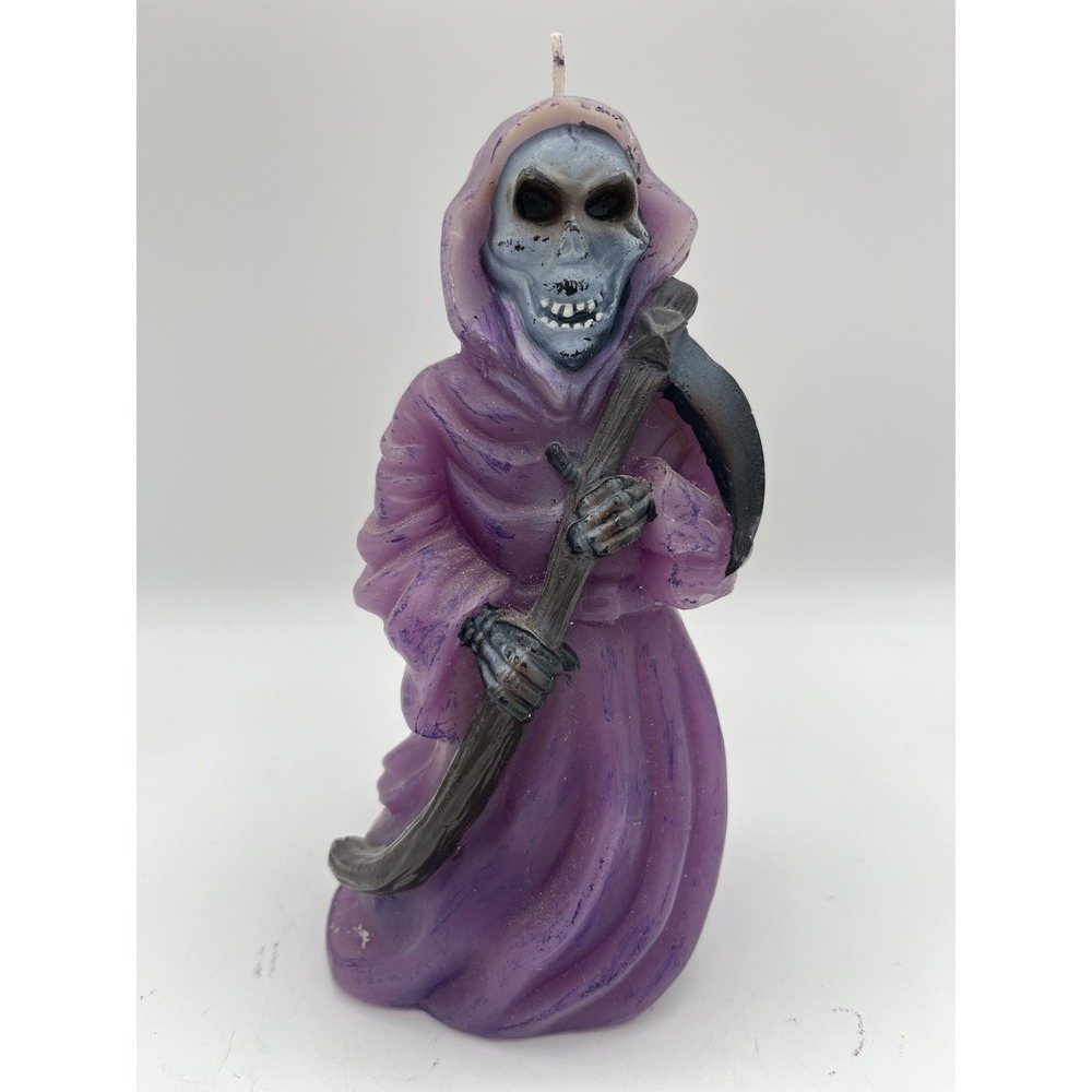 Grim Reaper Purple Figural Candle 7" Skull Scythe Halloween Gothic Horror